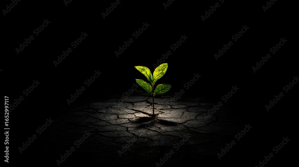 Naklejka premium A small sprout, vibrant green, emerges from cracked earth, illuminated by a single light source, highlighting resilience and hope in a dark environment.