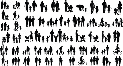 Silhouettes of families with adults and children in various activities including walking, cycling, and interacting, isolated for design and illustration use