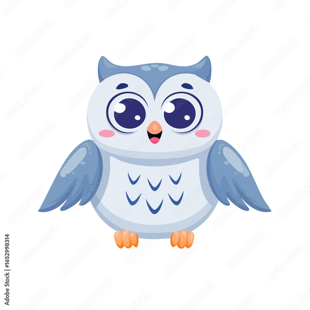 Fototapeta premium Cute Cartoon Baby Owl Illustration with Bright Big Eyes and Blue Feathers Isolated on White