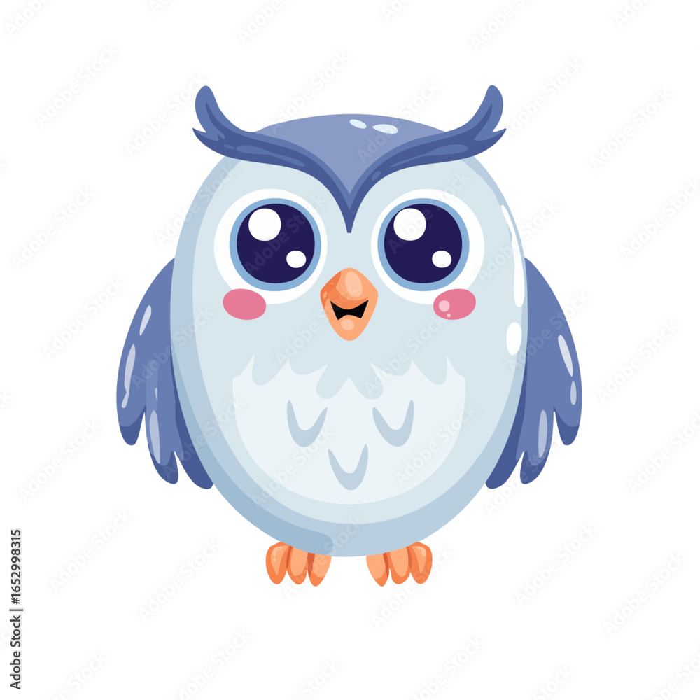 Fototapeta premium Adorable cartoon owl with big eyes and blue feathers, a charming vector illustration perfect for children's designs and nature themes, ideal for educational content.