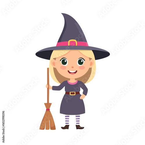Happy little witch girl in a Halloween costume with a broom and smiling face