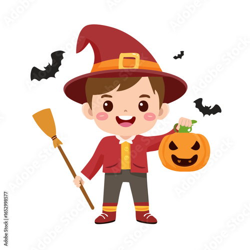 Adorable cartoon boy in a wizard costume holding a pumpkin bucket for Halloween