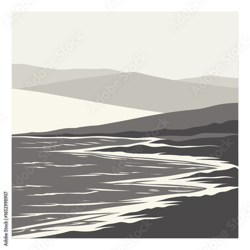 Abstract layered grey mountains and water hills landscape in muted tones vector