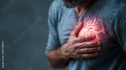 Man clutches chest with glowing heart overlay, illustrating potential cardiovascular health concerns. Focus on heart health and aging issues.