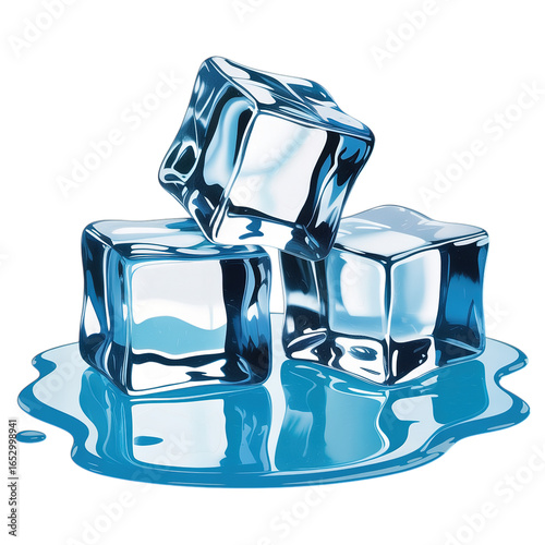 A stack of three ice cubes melting on a reflective blue surface