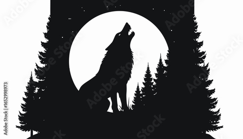 Silhouette of a wolf howling at the moon, framed by evergreen trees, night sky.
