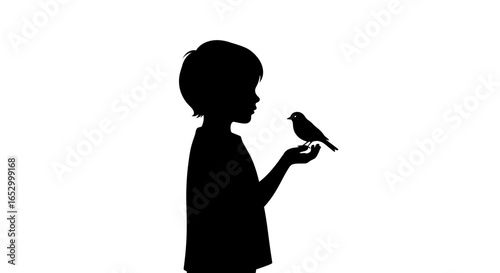Silhouette of a young boy holding a small bird perched on his outstretched hand.