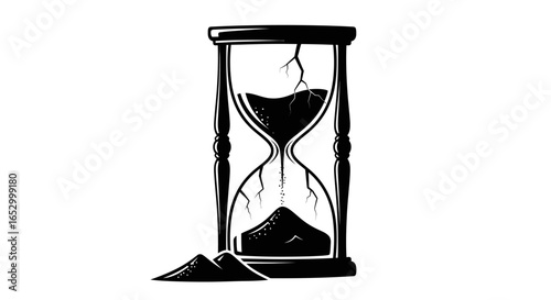 A stylized, black and white hourglass with cracked glass, symbolizing the passage of time.