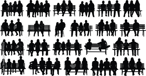 Silhouettes of people sitting on benches in various group arrangements, isolated for social behavior, design, and illustration use