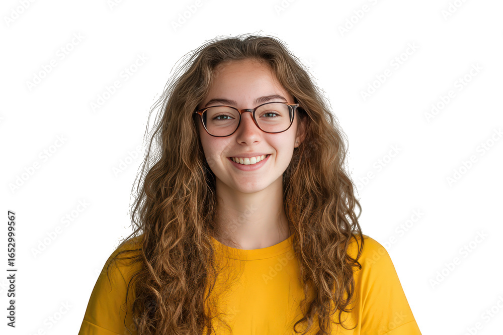 Obraz premium Young woman with long wavy brown hair and glasses smiling isolated on transparent background