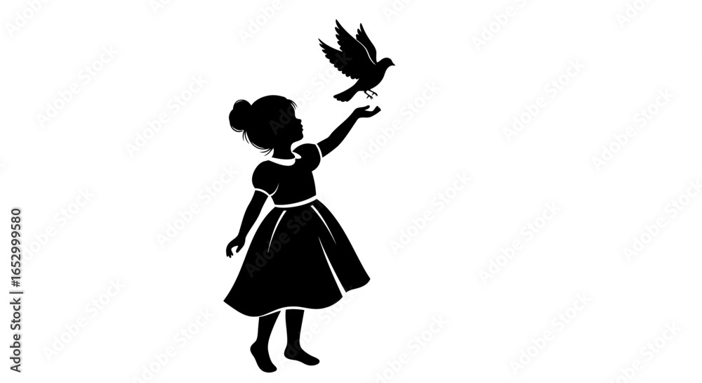 Fototapeta premium Silhouette of a young girl reaching out to a flying bird, symbol of peace.