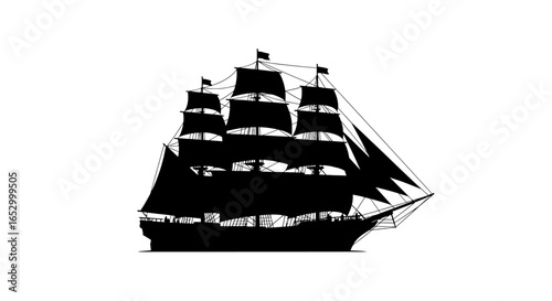 Silhouette of a three-masted sailing ship with full sails against a white background.