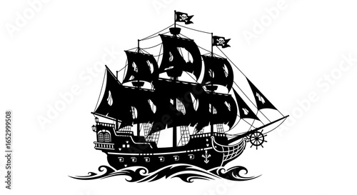 Silhouette of a large pirate ship, detailed design, on a white background.
