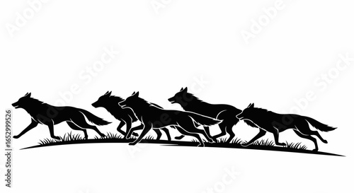 Silhouette of a pack of wolves running across a grassy plain.