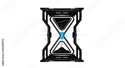 Artistic depiction of a futuristic hourglass, showing time passing with a digital aesthetic.