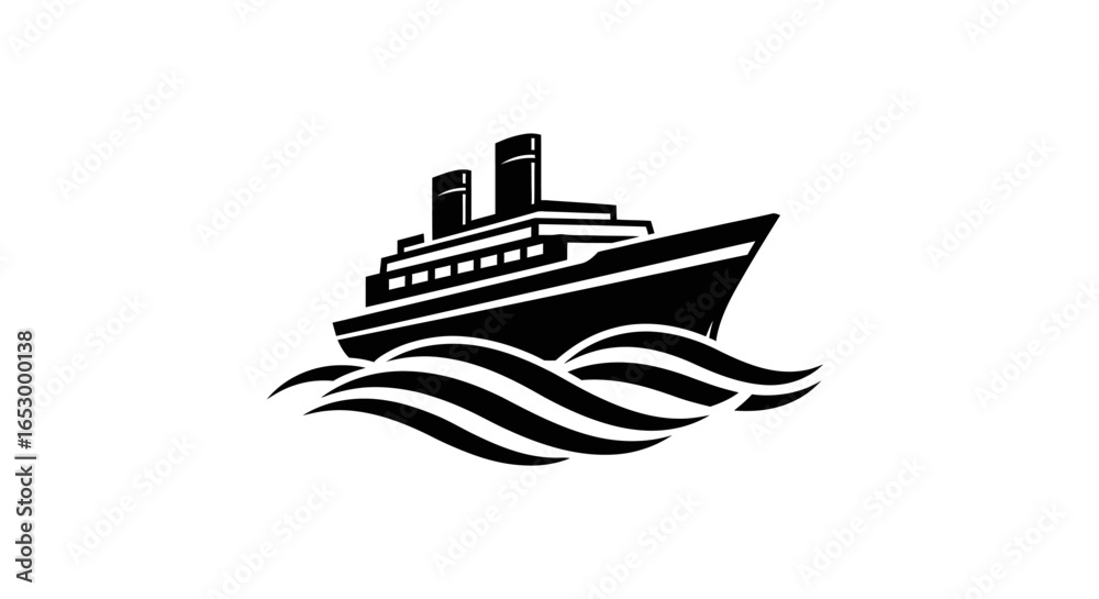 Obraz premium A stylized black and white illustration of a cruise ship sailing on waves.