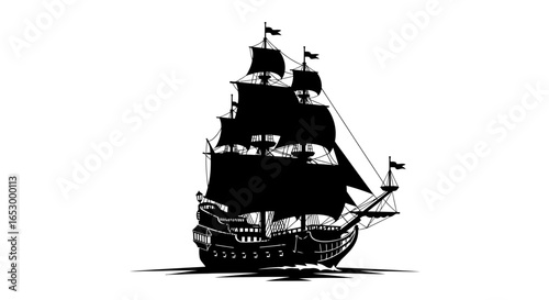 A majestic black silhouette of a three-masted sailing ship, possibly a galleon, sails across a white background.