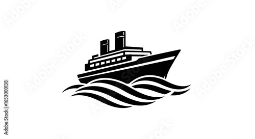 A stylized black and white illustration of a cruise ship sailing on waves.