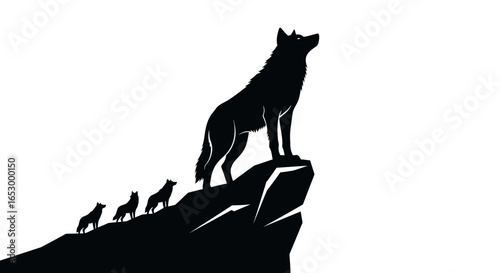Silhouette of a wolf howling atop a rocky cliff, with smaller wolves following.