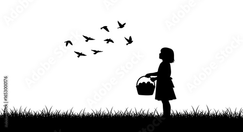 Silhouette of a girl with a basket releasing birds into the sky, standing in grass.