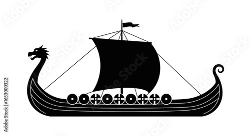 Silhouette of a Viking longship with a dragon head prow, sail, shields, and flag on a white background.