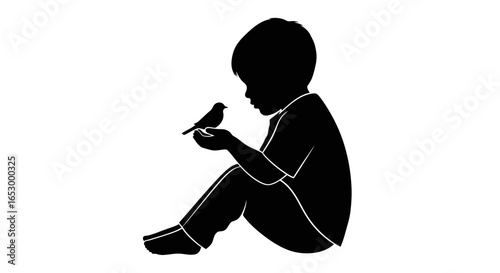 A boy's gentle moment with a small bird, symbolizing innocence and the beauty of nature
