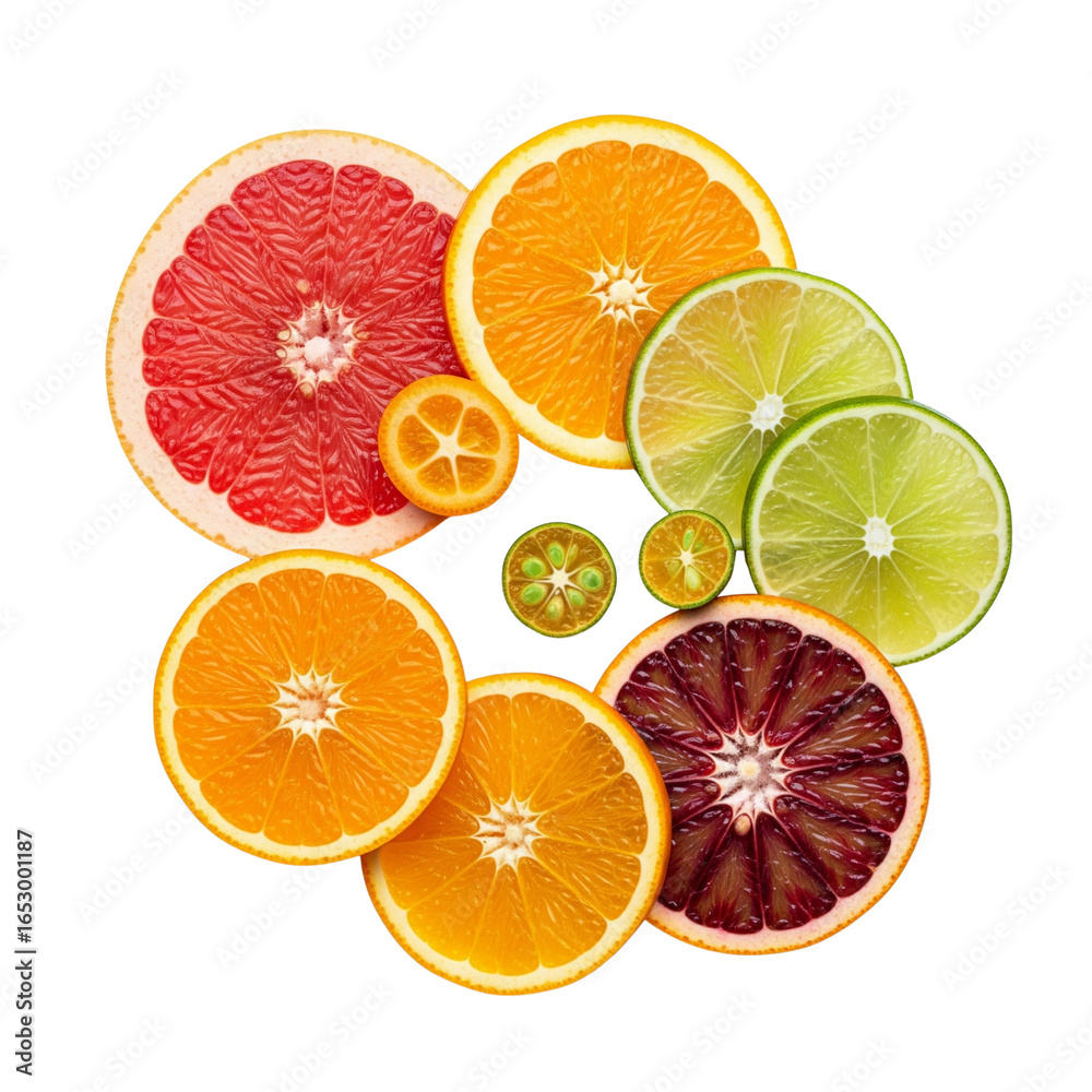 Fototapeta premium Assortment of fresh citrus fruit slices on white background