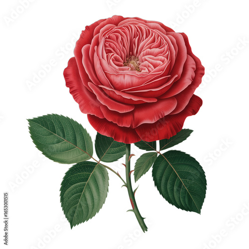 A single red rose with green leaves on a black background image