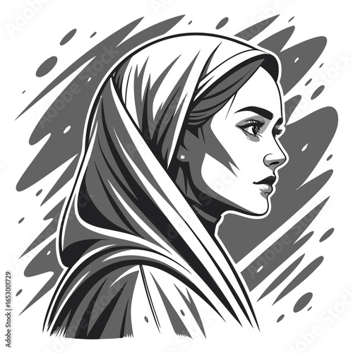Black and white abstract portrait of a woman wearing a hijab monochrome vector
