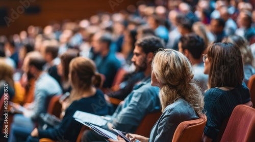 A diverse crowd of people in a conference hall, attentively listening to a speaker.