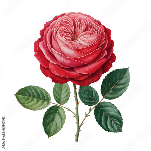 A single red rose with green leaves isolated on a black background