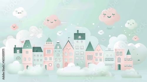 Adorable miniature city featuring clean vector pink and mint rounded buildings with geometric shapes. Happy faced clouds float in the flat design sky, a soft noise texture.