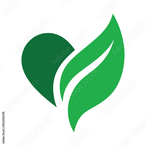 Heart shaped green leaf design with a white vein on a white background, simple and clean look