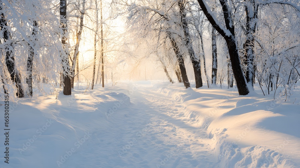 Obraz premium A sunlit winter wonderland path winds through a frosted forest, bathed in golden light.