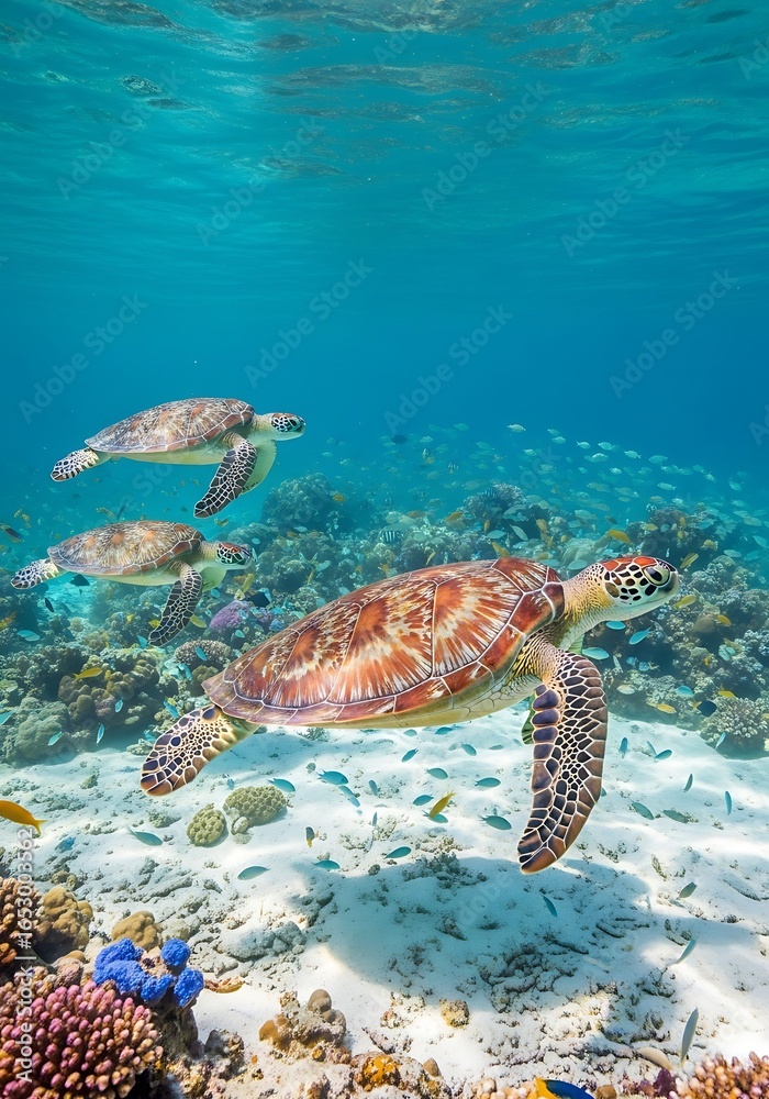 Obraz premium Sea Turtles Swimming in Tropical Ocean Waters.