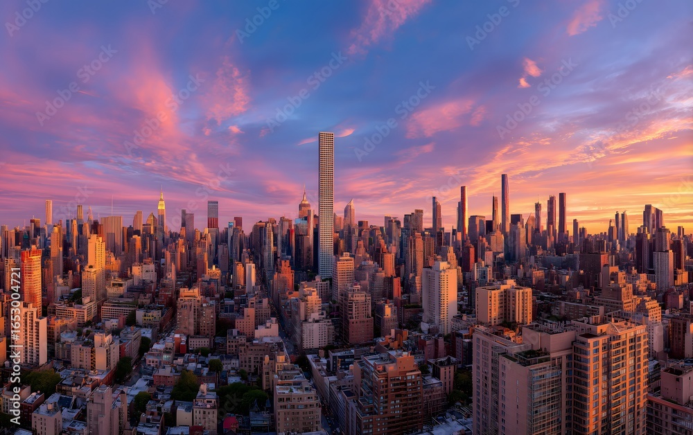 Fototapeta premium Modern Metropolis Concept with New York Skyscrapers and Sunset Glow.Generative AI