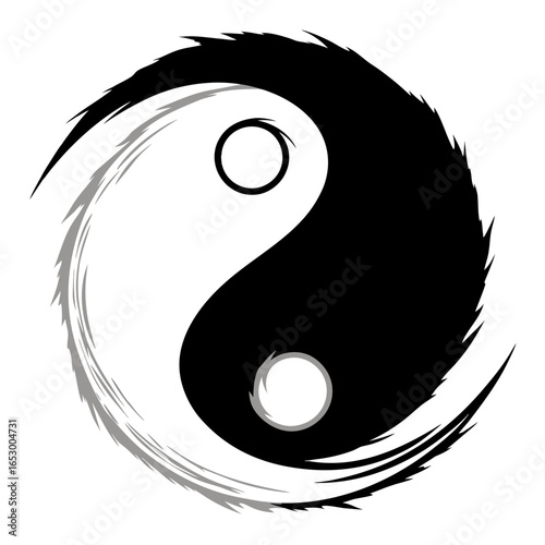Black and white yin yang symbol with sharp brush strokes and jagged edges taijitu