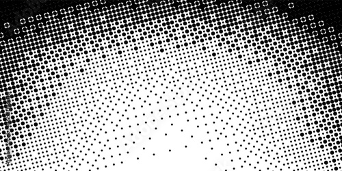 Bitmap grunge gradient texture. Black and white pixelated dither wave pattern. Abstract glitchy 8 bit game wallpaper. Retro wide rasterized backdrop. Pixel art illustration. Vector background