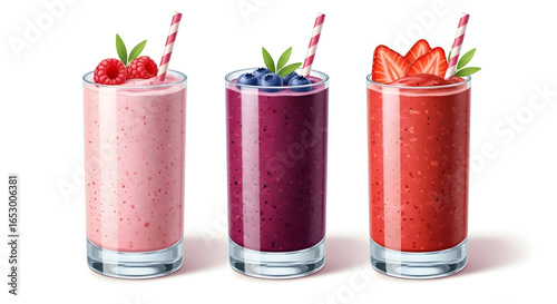 Wallpaper Mural Colorful Berry Smoothies in Glasses with Straws Isolated on White Torontodigital.ca
