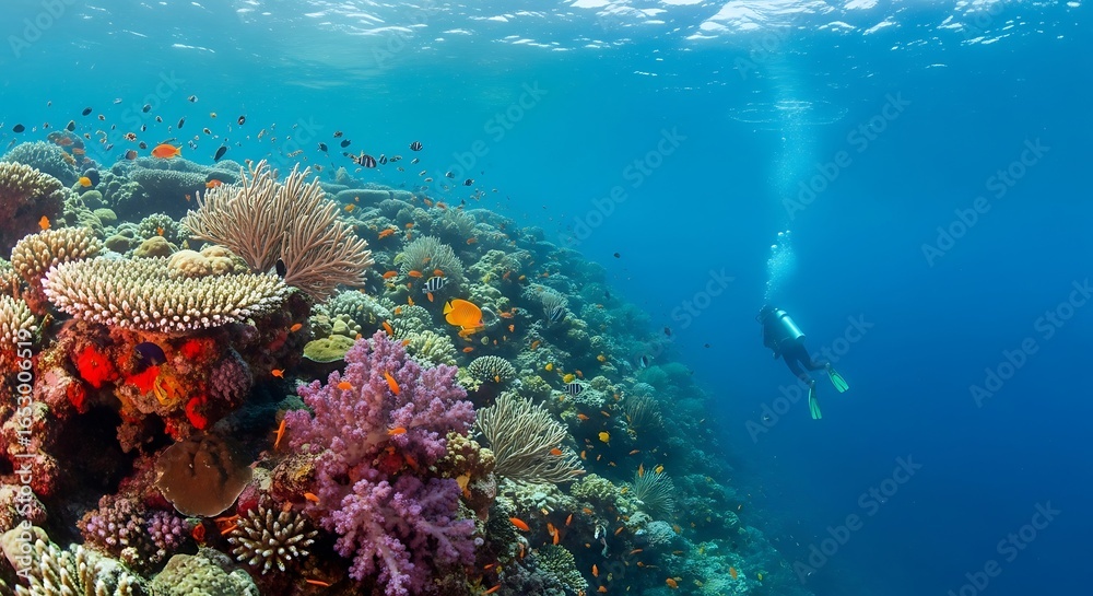 Naklejka premium Vibrant Coral Reef with Scuba Diver Exploring the Deep Blue Ocean.