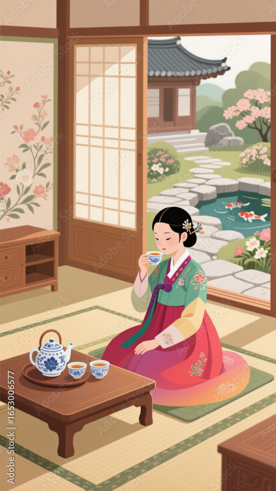 Court lady serving tea in a royal chamber, intricate patterns, vector art Court lady serving tea in a royal chamber, intricate patterns, vector art