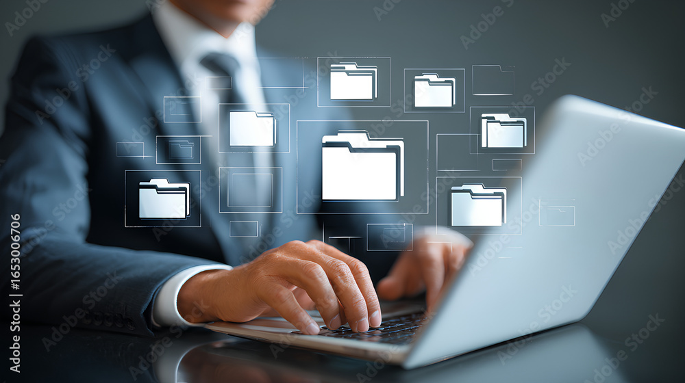 Fototapeta premium Document management system DMS. Folder structure and classification system. File and folder icons. Businessman using laptop computer for controlling document versions.