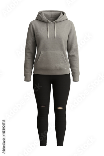 Stylish Women's Outfit Gray Hoodie with Drawstrings and Black Ripped Knee Leggings