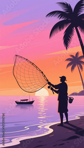 Fisherman casting net into the ocean at sunset on a tropical beach with palm trees, creating a peaceful and serene scene.