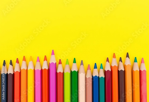 Vibrant colored pencils arranged neatly in a row against a sunny yellow backdrop,  tools,  overhead shot