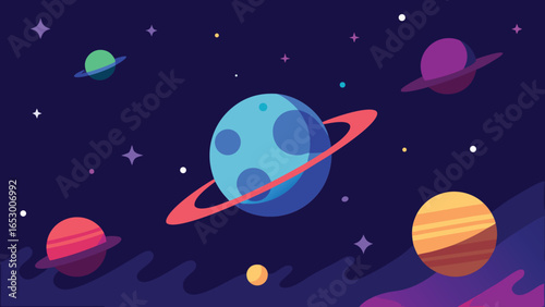 Whimsical Cartoon Planets and Stars with Rings and Cosmic Clouds in Deep Space Keywords: space, planets, stars, galaxy, cosmos, universe, astronomy, celestial, nebula, orbit, transparency background