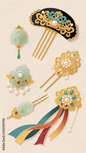 Collection of ornate vintage hair accessories displayed on creamcolored surface showcasing intricate details and craftsmanship in a nostalgic and elegant style.