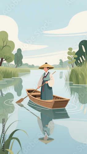 Korean woman rowing wooden boat on calm river surrounded by lush greenery, reflecting serene waters under bright sky, conveying peacefulness and tranquility.