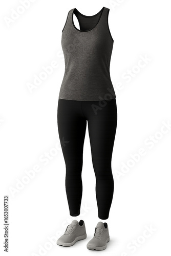 Women's Athletic Outfit: Gray Tank Top, Black Leggings, and Gray Running Shoes