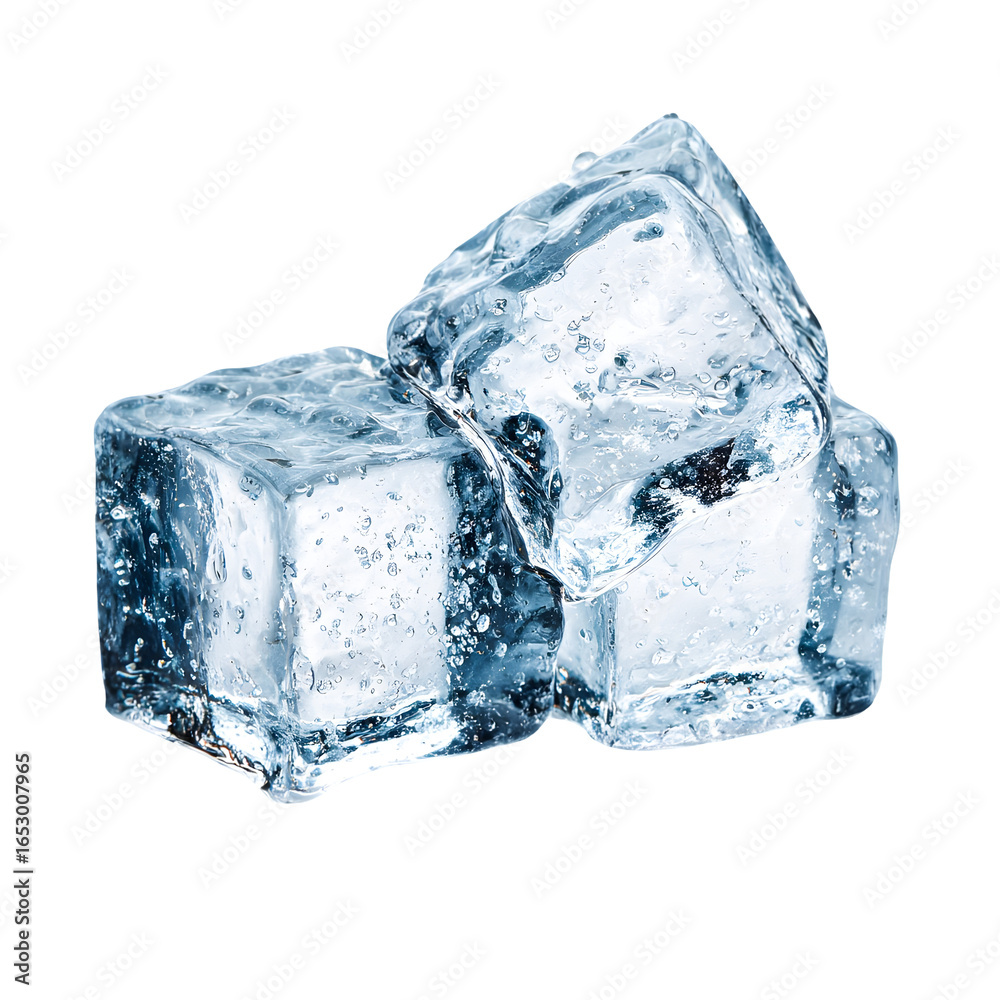 Obraz premium Three clear ice cubes stacked together showing frosty texture isolated on transparent background